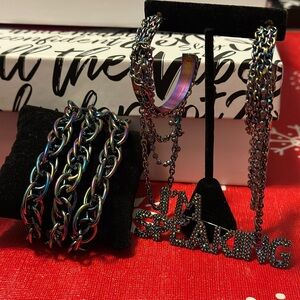 Sassy Jones “VP” Luxe Rainbow Chain Bracelet, Earring & Pin Set
